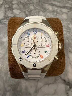 Michele White Tahitian Chronograph Watch with Multicolor Numerals